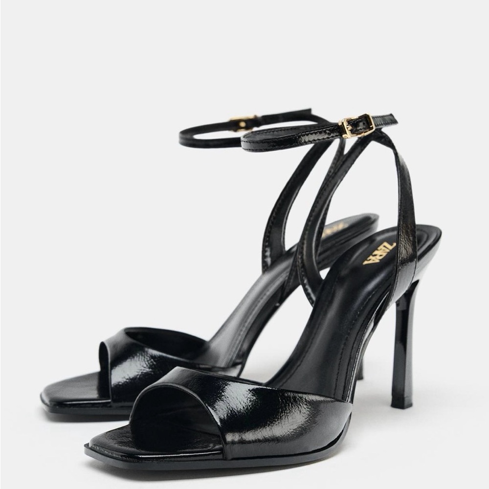Zara Black Patent Open-Toe Ankle-Strap Heels